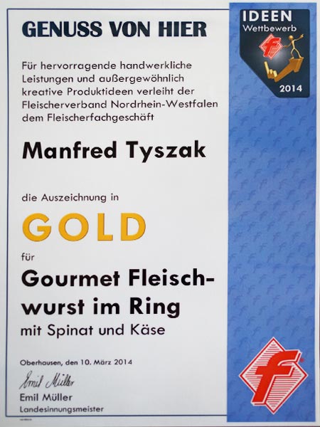 Urkunde-Gold-Fleischerei-Tyszak-Ideen-Wettbewerb